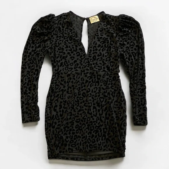 Deja Vu Black Velvet Burnout Overlay Mini Dress long sleeve evening Large EUC - Picture 11 of 16